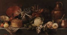 Still life with vegetables and kitchen utensils. Creator: Pereda y Salgado, Antonio, de (1611-1678)