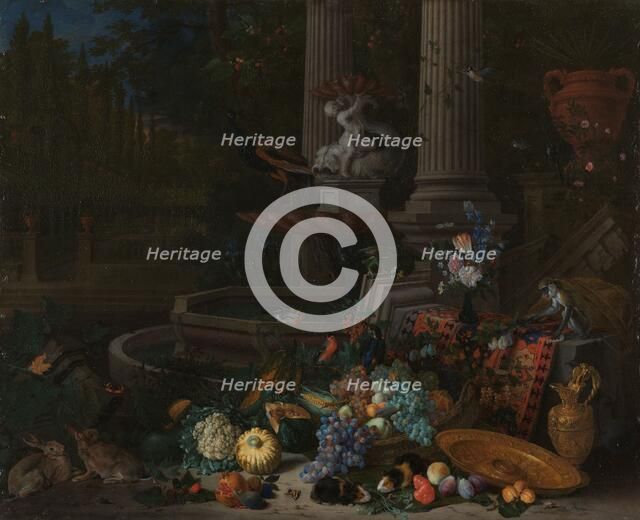 Still Life with Vegetables before a Draped, Overturned Plinth by an Ornamental Fountain, 1680-1690. Creator: Peeter Gysels.