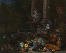 Still Life with Vegetables before a Draped, Overturned Plinth by an Ornamental Fountain, 1680-1690. Creator: Peeter Gysels