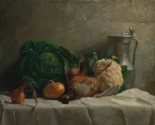 Still Life with Vegetables, Partridge, and a Jug, 1858. Creator: Adolphe-Félix Cals (French, 1810-1880)
