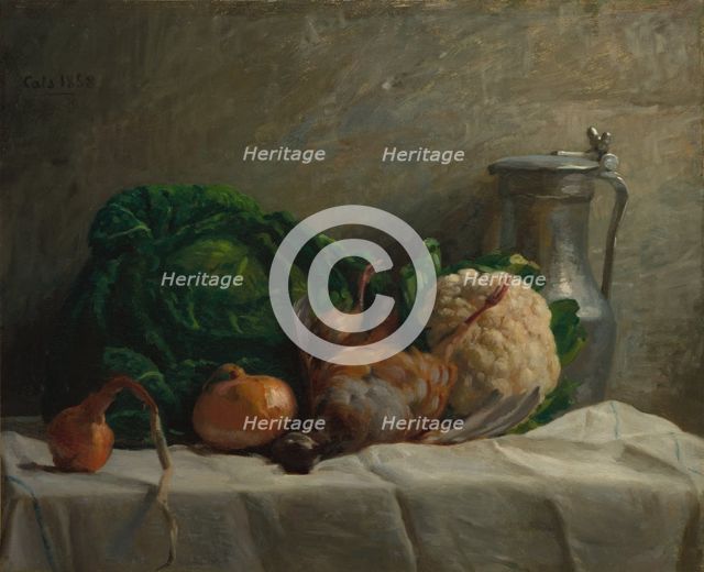 Still Life with Vegetables, Partridge, and a Jug, 1858. Creator: Adolphe-Félix Cals (French, 1810-1880).