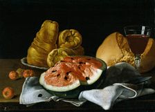 Still Life with Watermelon, Pastries, Bread, and Wine, 1770. Creator: Luis Meléndez