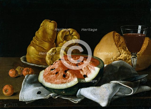 Still Life with Watermelon, Pastries, Bread, and Wine, 1770. Creator: Luis Meléndez.