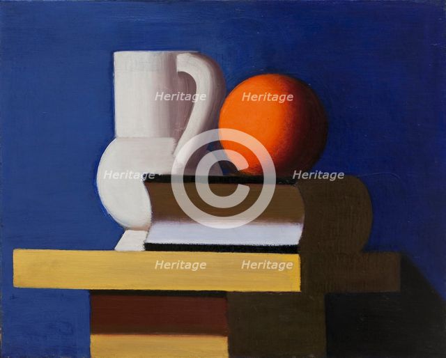Still Life with White Jar, Orange and Book. Blue Background, 1932-1933. Creator: Vilhelm Lundstrom.