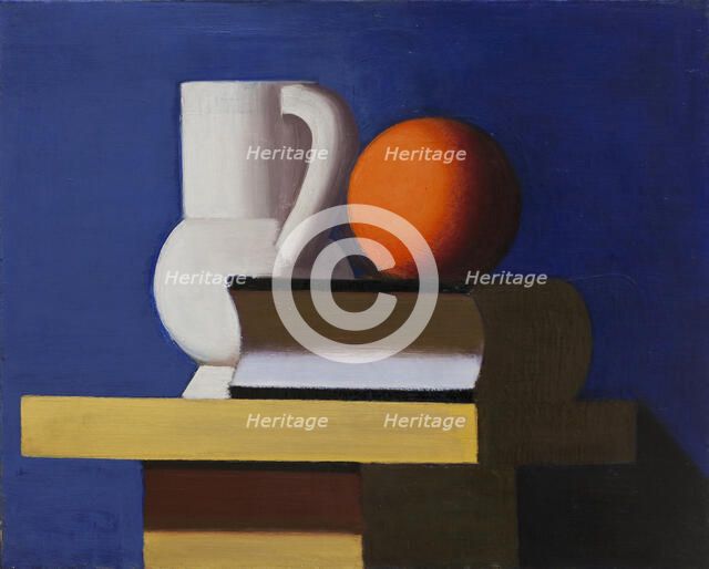 Still Life with White Jar, Orange and Book. Blue Background, 1932-1933. Creator: Vilhelm Lundstrom.