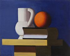 Still Life with White Jar, Orange and Book. Blue Background, 1932-1933. Creator: Vilhelm Lundstrom
