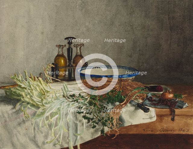Still Life with Wild Chicory, Chervil, and Cruet, 1863. Creator: Leon Bonvin.