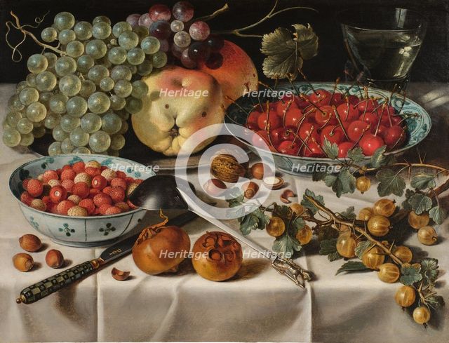 Still Life with Wild Strawberries and Cherries in Two Porcelain Bowls, First Half of 17th cen.. Creator: Claesz, Pieter (c. 1597-1660).