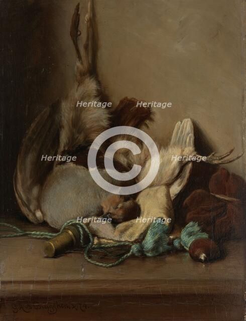 Still life with Wood Pigeon and Powder Horn, 1874. Creator: Guillaume Anne van der Brugghen.
