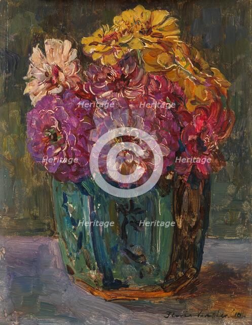 Still Life with Zinnias in a green Jar, 1910. Creator: Floris Hendrik Verster.