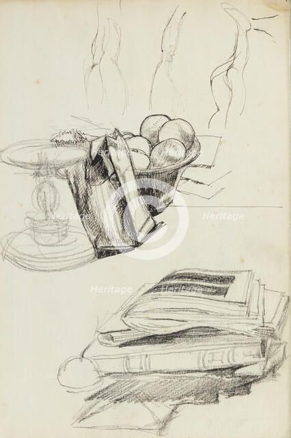 Still life and pile of books, c1900-1940. Creator: Francis Ernest Jackson.