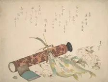 Still Life: Double Cherry-Blossom Branch, Telescope, Sweet Fish, and Tissue Case, c..., ca. 1804-13. Creator: Hokusai