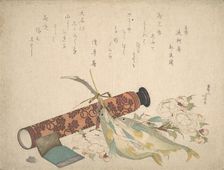 Still Life: Double Cherry-Blossom Branch, Telescope, Sweet Fish, and Tissue Case, c..., ca. 1804-13. Creator: Hokusai