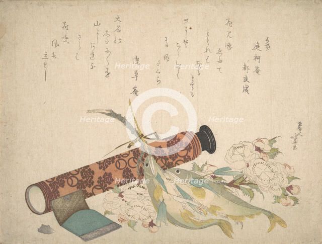 Still Life: Double Cherry-Blossom Branch, Telescope, Sweet Fish, and Tissue Case, c..., ca. 1804-13. Creator: Hokusai.