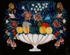 Still Life - Flowers and Fruit in White and Pink Bowl, 1840-60. Creator: Unknown