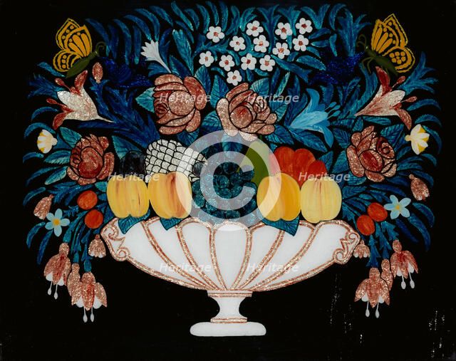 Still Life - Flowers and Fruit in White and Pink Bowl, 1840-60. Creator: Unknown.