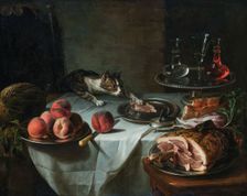 Still Life of the Remnants of a Meal with a Lunging Cat, c1725-1730. Creator: Desportes, Alexandre François (1661-1743)