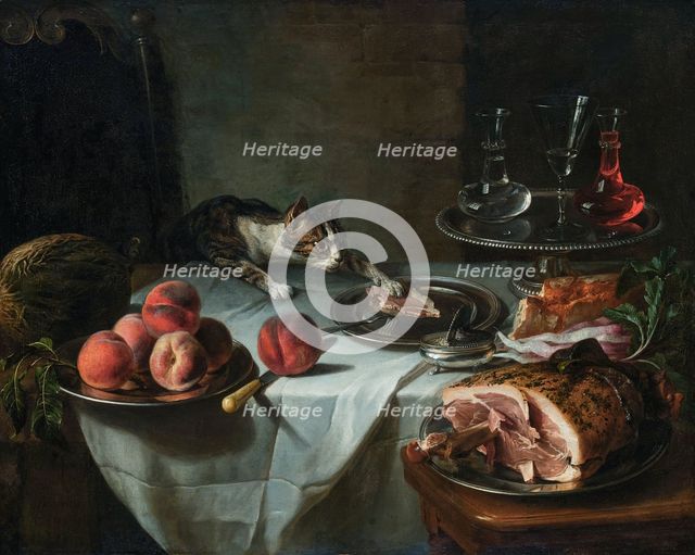 Still Life of the Remnants of a Meal with a Lunging Cat, c1725-1730. Creator: Desportes, Alexandre François (1661-1743).