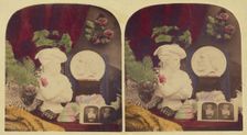 Still life of a bust, stereograph, flowers, and a medallion of Giuseppe (?), about 1860. Creator: Unknown