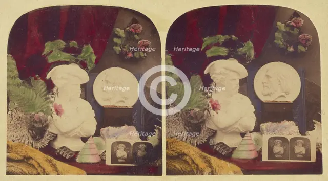 Still life of a bust, stereograph, flowers, and a medallion of Giuseppe (?), about 1860. Creator: Unknown.