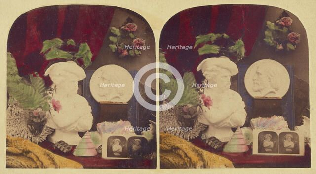 Still life of a bust, stereograph, flowers, and a medallion of Giuseppe (?), about 1860. Creator: Unknown.