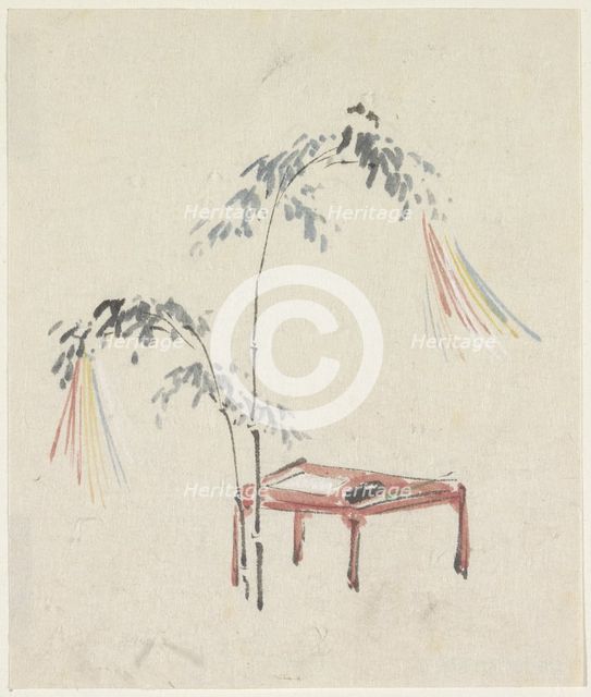 Still life of a red table and decorated bamboo, 1808-1861. Creator: Utagawa Kuniyoshi.