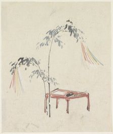 Still life of a red table and decorated bamboo, 1808-1861. Creator: Utagawa Kuniyoshi