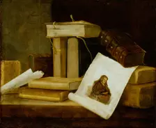 Still Life of Books and a Rembrandt Engraving, between 1631 and 1635. Creator: Sebastian Stosskopf