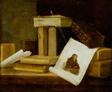 Still Life of Books and a Rembrandt Engraving, between 1631 and 1635. Creator: Sebastian Stosskopf