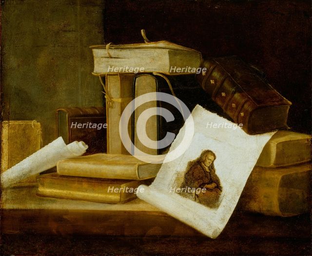 Still Life of Books and a Rembrandt Engraving, between 1631 and 1635. Creator: Sebastian Stosskopf.