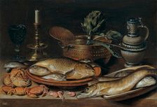 Still life of fish with a candlestick, 1611. Creator: Clara Peeters