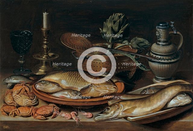 Still life of fish with a candlestick, 1611. Creator: Clara Peeters.