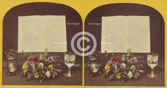 Still life of flower arrangement, hourglass, goblet and Bible opened to Psalms Xix and XX,about 1865 Creator: Unknown.