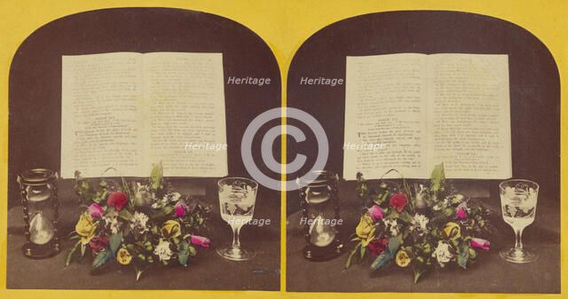 Still life of flower arrangement, hourglass, goblet and Bible opened to Psalms Xix and XX,about 1865 Creator: Unknown.