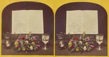 Still life of flower arrangement, hourglass, goblet and Bible opened to Psalms Xix and XX,about 1865 Creator: Unknown