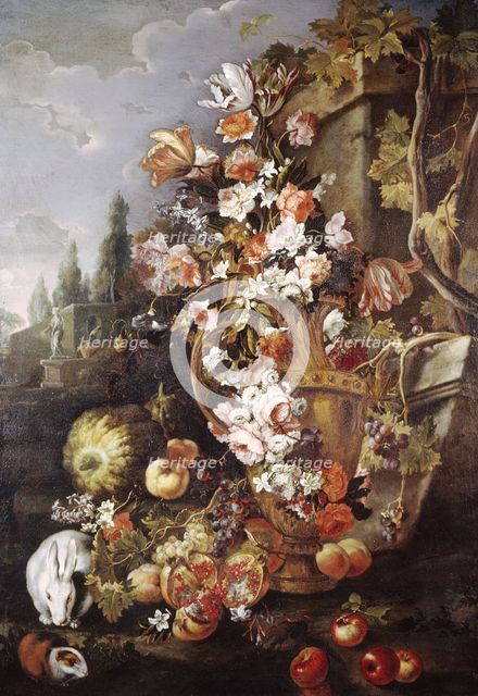 Still Life of Flowers and Fruits in a Garden, 1700-1710. Creator: Franz Werner von Tamm.