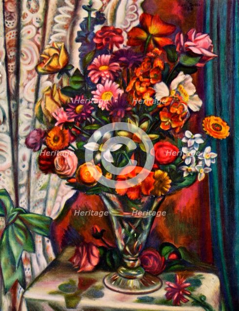 Still life of flowers in a silver vase, 1930.Artist: Mark Gertler