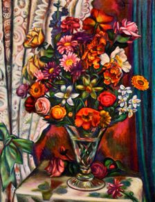 Still life of flowers in a silver vase, 1930.Artist: Mark Gertler