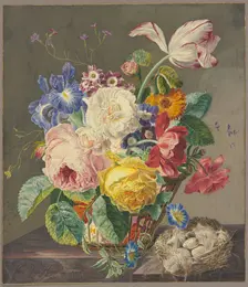 Still life of flowers with birds eggs, 1733. Creator: Jan van Huysum