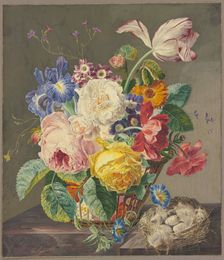 Still life of flowers with birds eggs, 1733. Creator: Jan van Huysum