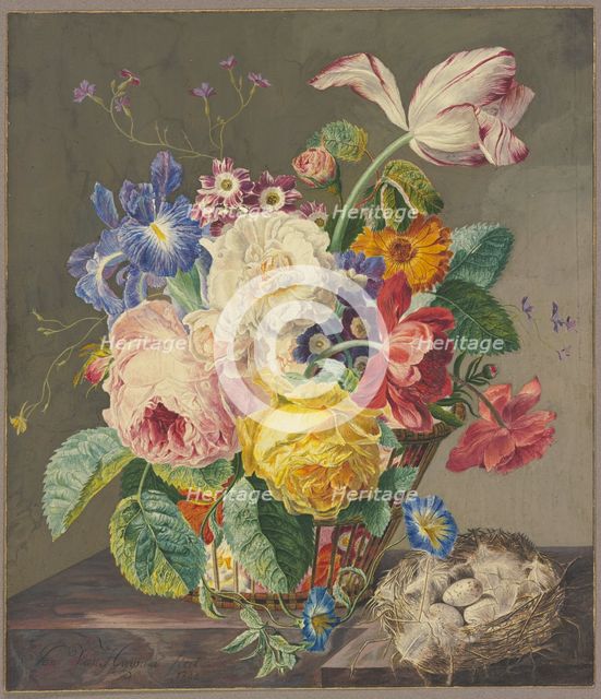 Still life of flowers with birds' eggs, 1733. Creator: Jan van Huysum.