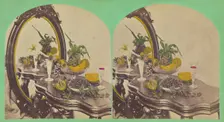 Still life of fruits on a table with mirror, about 1865. Creator: Unknown