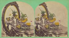 Still life of fruits on a table with mirror, about 1865. Creator: Unknown