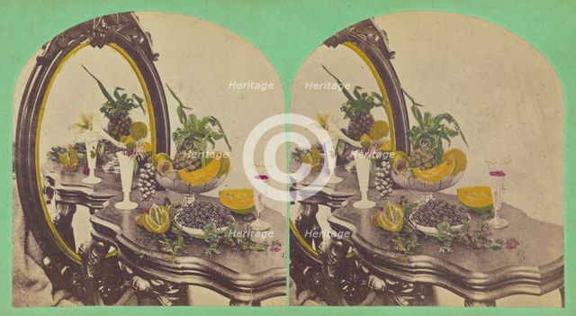 Still life of fruits on a table with mirror, about 1865. Creator: Unknown.