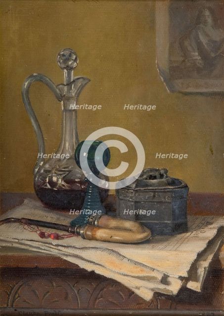 Still Life Of Newspaper, Pipe, Decanter And Jar, 1887. Creator: Claude Pratt.