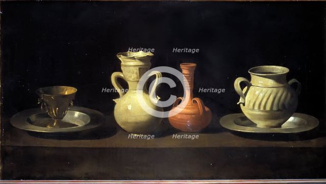  'Still life of pots and pans', oil Painting by Zurbarán.