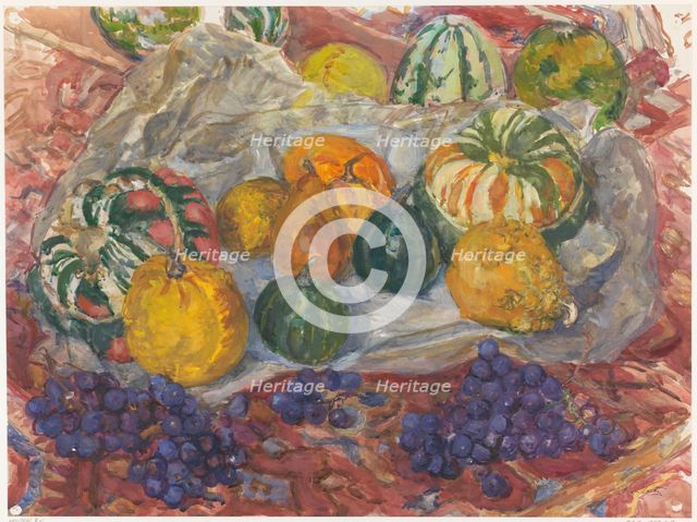 Still life of pumpkins and grapes on a rug, 1872-1950. Creator: Barbara Elisabeth van Houten.