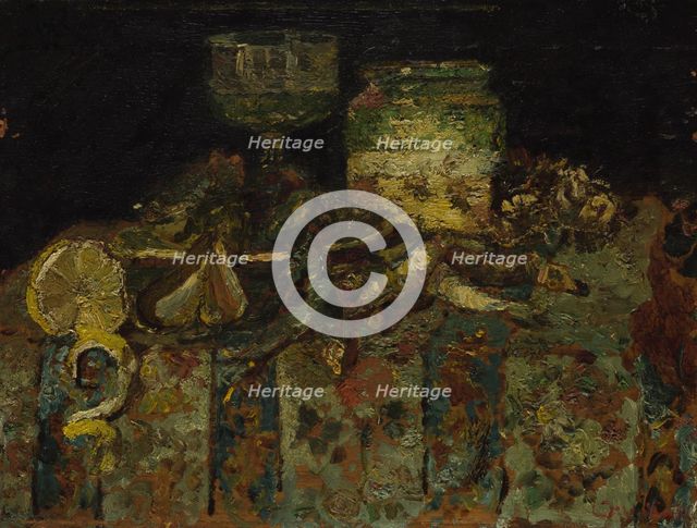 Still Life: Oysters, Fish, c. 1880. Artist: Monticelli, Adolphe-Thomas-Joseph (1824-1886)