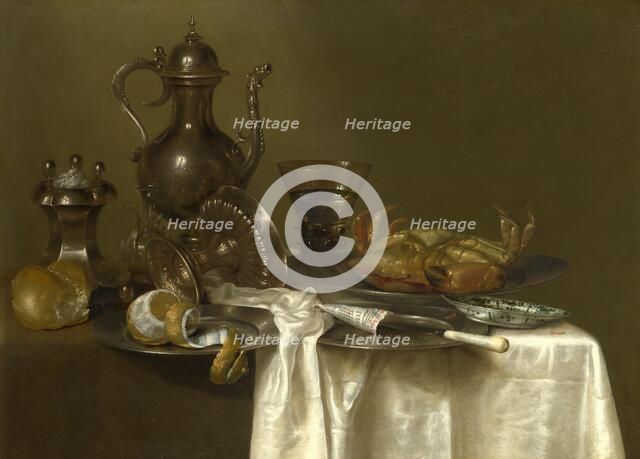 Still Life: Pewter, Silver Vessels and a Crab, ca 1636. Artist: Heda, Willem Claesz (1594-1680)