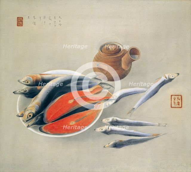 Still Life. Salmon Slices and Sardines, 1924. Artist: Bakusen, Tsuchida (1887-1936)